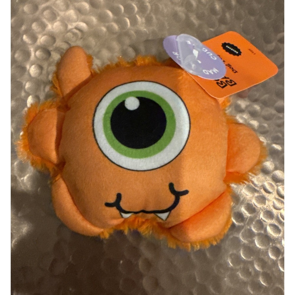 Bark Orange Stuffed Squeaky Dog Toy Vampire Fangs Eye Monster Plush Small Medium
